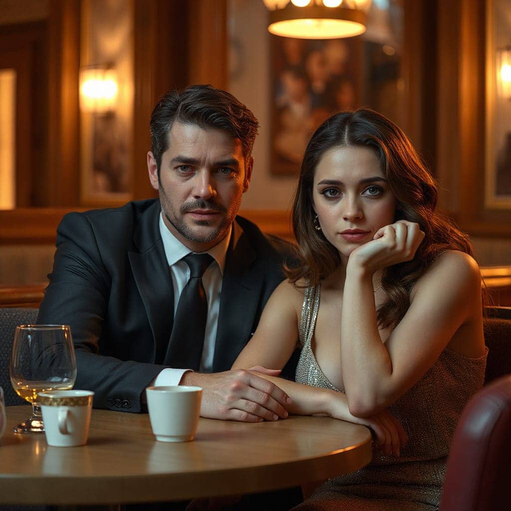 retrato de hombre narcisista grandioso, e restaurante caro, con su amante y posesión narcisista