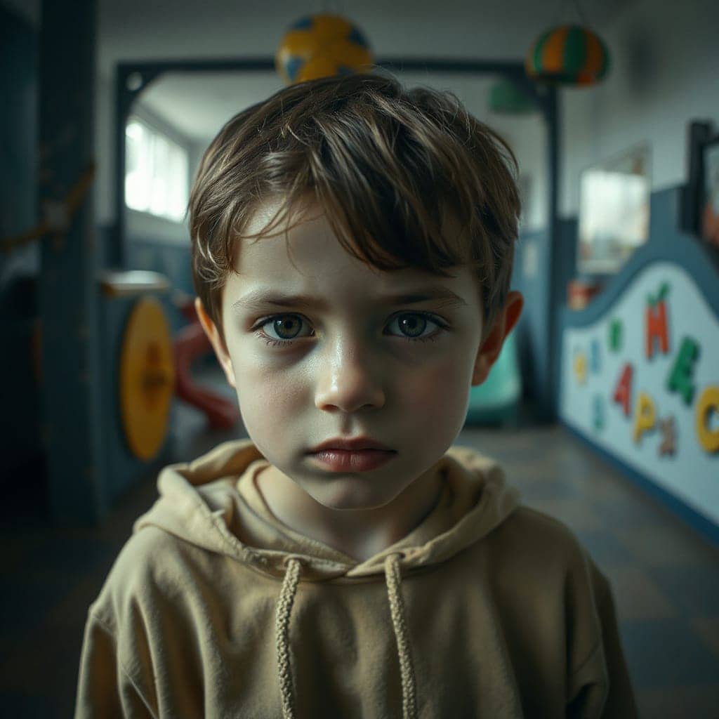 niño triste solo en una sala de juegos, guarderia, mira con sus ojos verdes a la cámara, sugiriendo abandono o algún tipo de desatención afectiva o negligencia, trauma relacionall