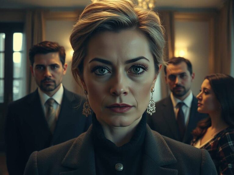 Madre narcisista mostrando control emocional y tensión familiar en una escena doméstica con hijos adultos al fondo