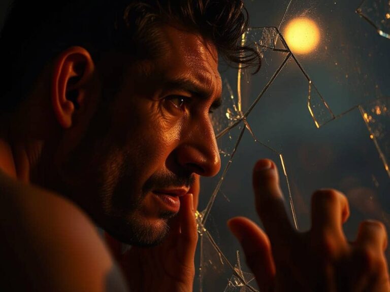 hombre desesperado mirando un cristal roto, en colapso narcisista