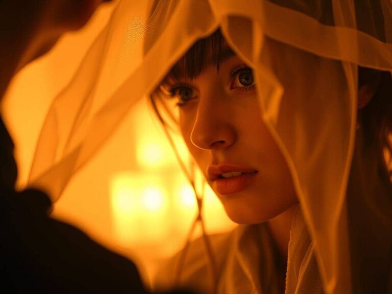 Mujer con velo traslúcido representando la confusión mental y la desrealización síntoma de la disonancia cognitiva narcisista.