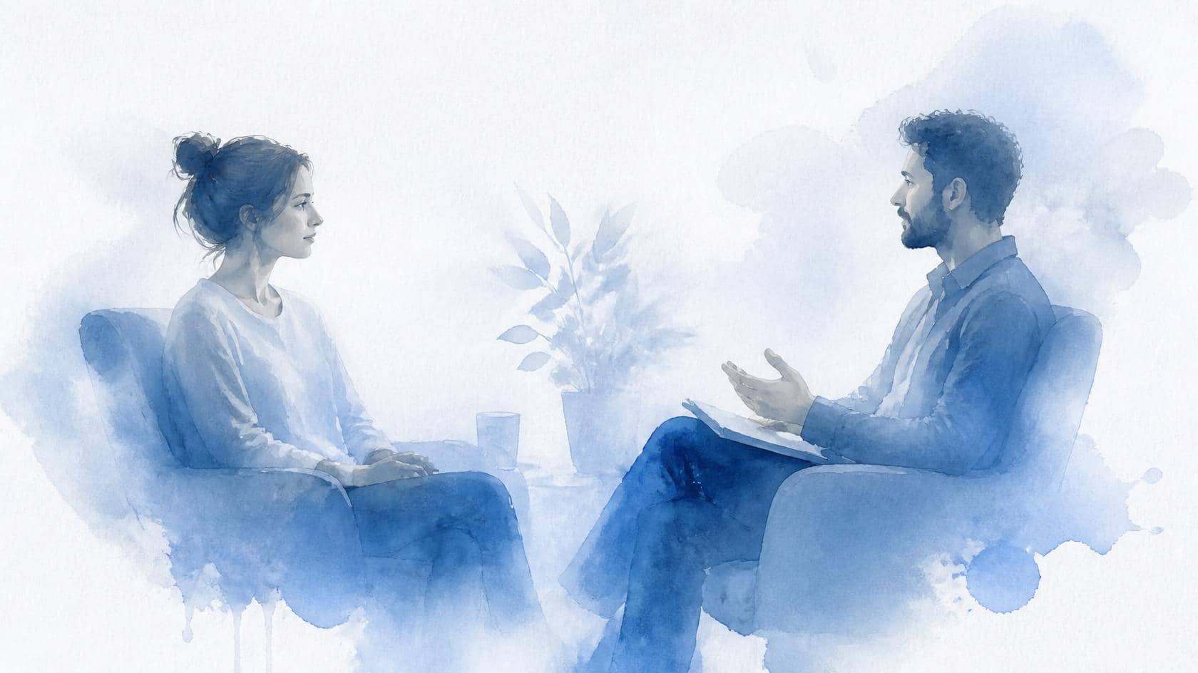 Ilustración en acuarela azul de una sesión de terapia psicodinámica, paciente y psicólogo sentados frente a frente