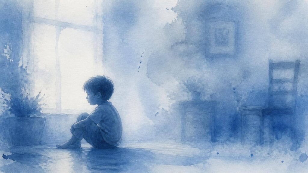 Niño sentado solo, en el suelo junto a una ventana, ilustración en acuarela azul que representa la negligencia emocional en la infancia