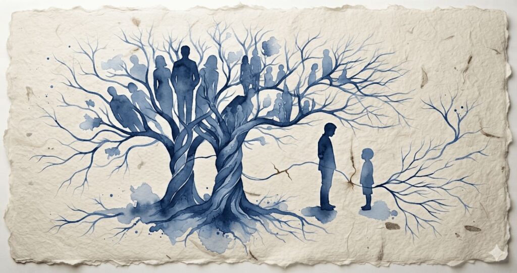Árbol genealógico pintado en acuarela azul con siluetas de varias generaciones entre las ramas y un adulto frente a un niño a un lado